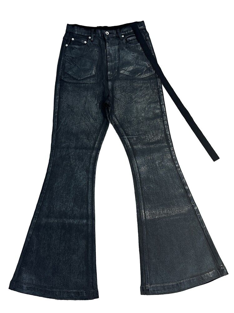 RO Dark High-Stretch Drawstring Waxed Coating Denim Pants Wide-Leg Flared Pants