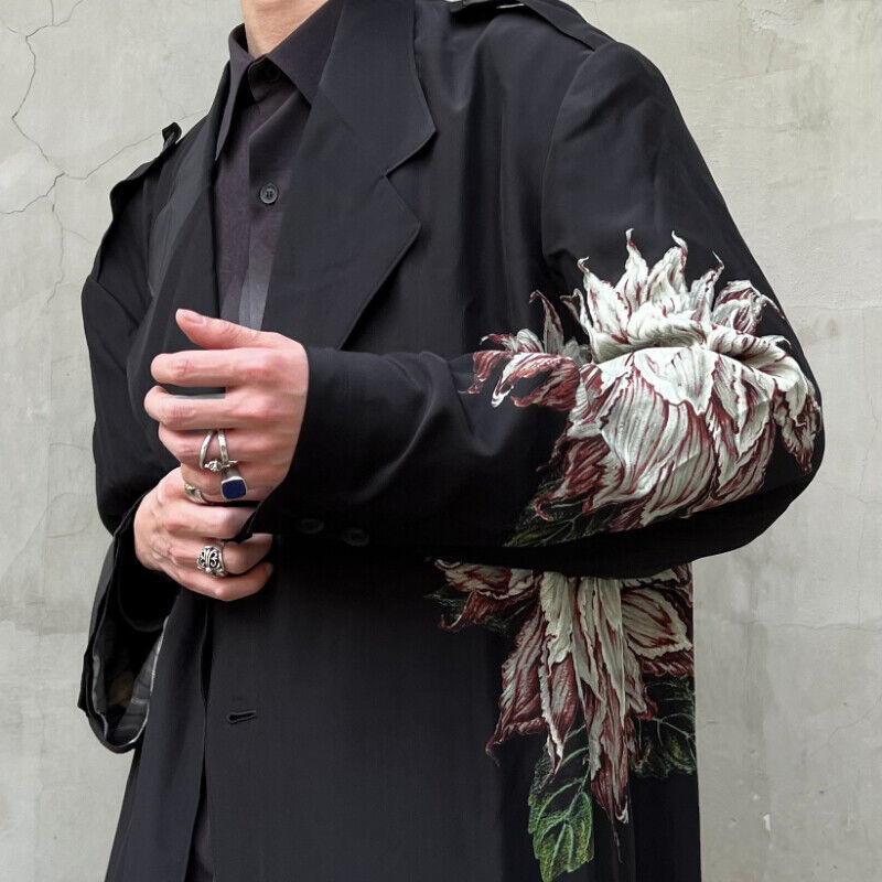 Yohji Yamamoto Dark Vibe White Flower Silk Printed Dahlia Thin Windbreaker Coats