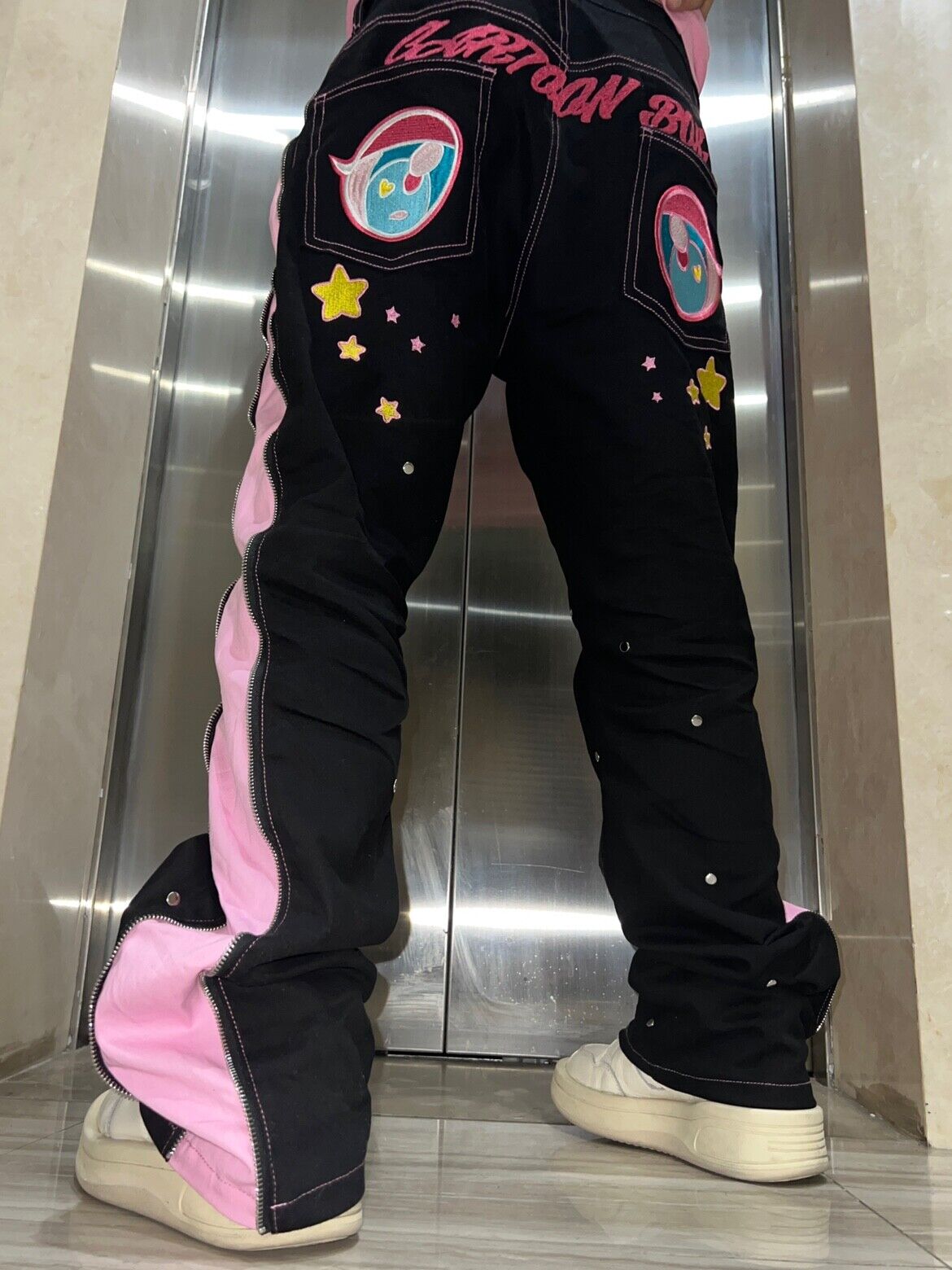 Cartoonbox Original Heterochromia Pink Bear Low-Waist Straight Zipper Pants