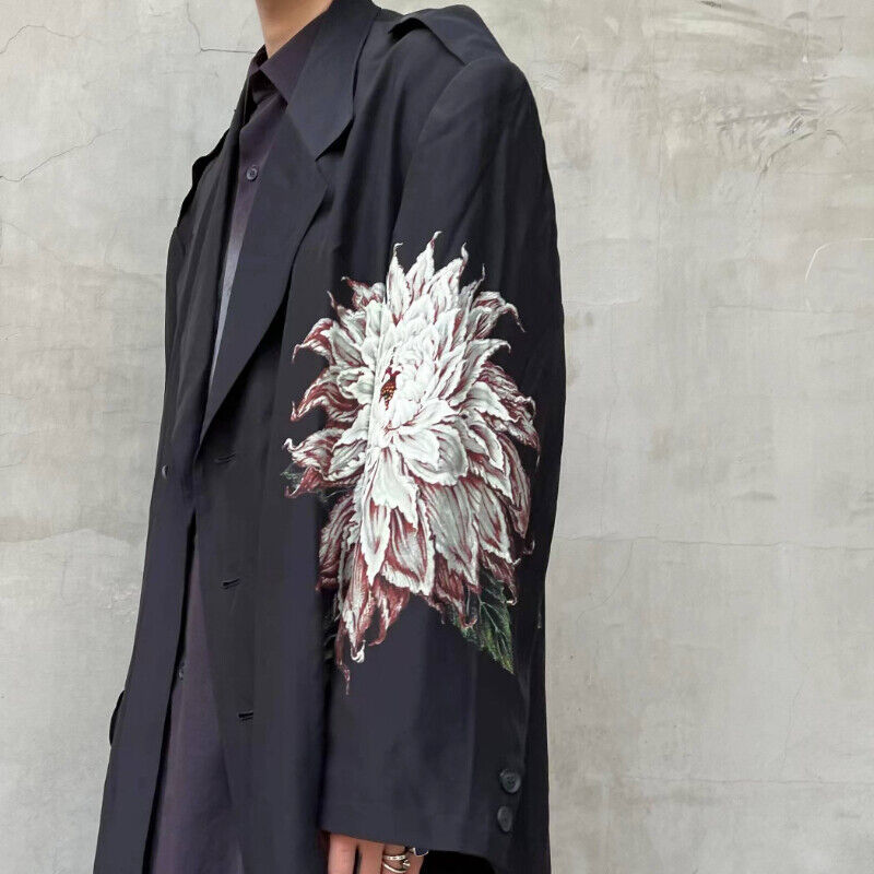 Yohji Yamamoto Dark Vibe White Flower Silk Printed Dahlia Thin Windbreaker Coats