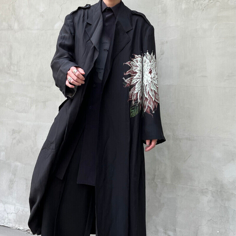 Yohji Yamamoto Dark Vibe White Flower Silk Printed Dahlia Thin Windbreaker Coats