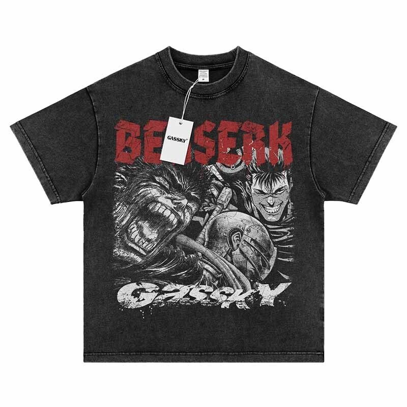 Gassky Berserk: Guts Warrior Vintage Anime Print Tee Retro Washed Short Sleeve