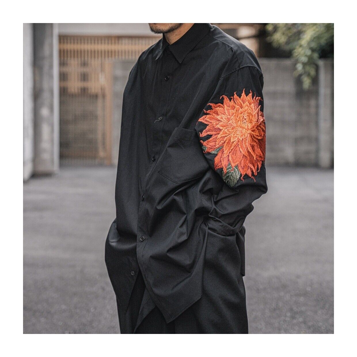 Yohji Yamamoto Red Dahlia Shirt Floral Embroidery, Loose Fit Long Sleeve Shirt