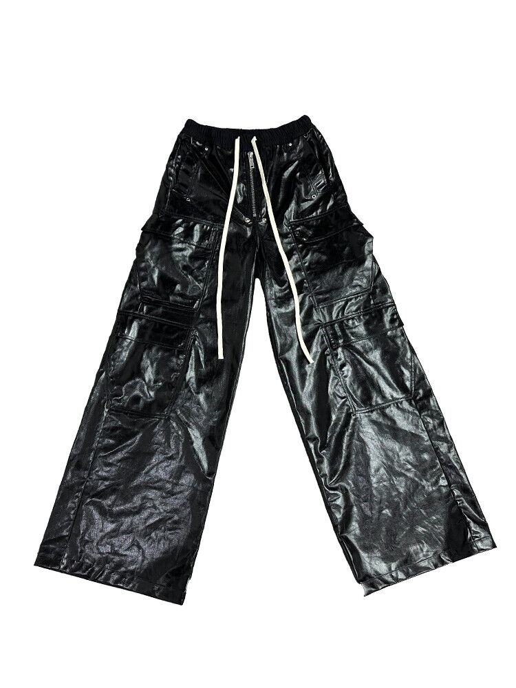 RO Metallic Coated Brushed Wax Glossy Pocket Straight Wide-Leg Flared Trousers