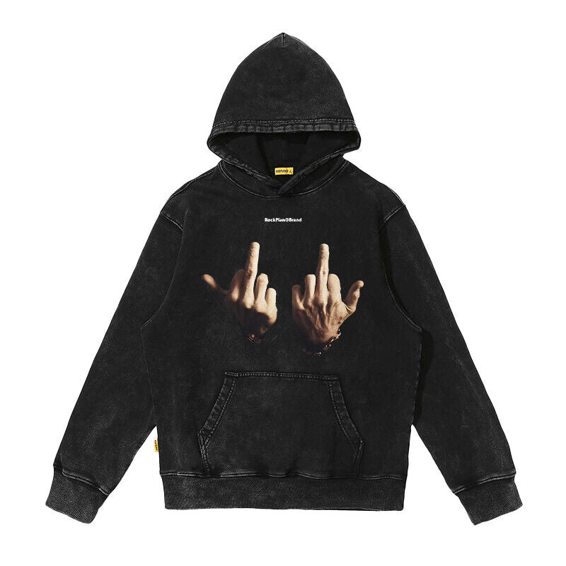 Rock Plan Cotton Hoodie Friendly Gesture Print, Featuring Middle Finger Graphic