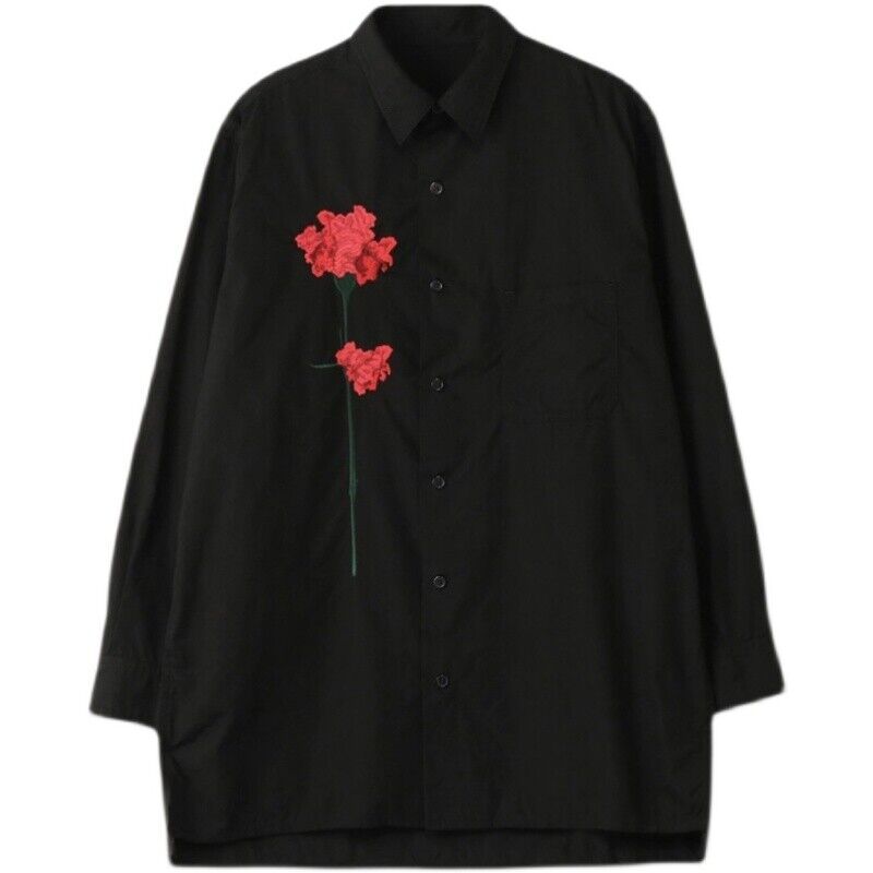 Yohji Yamamoto Style Carnation Embroidered Long Sleeve Loose Casual Shirt Unisex