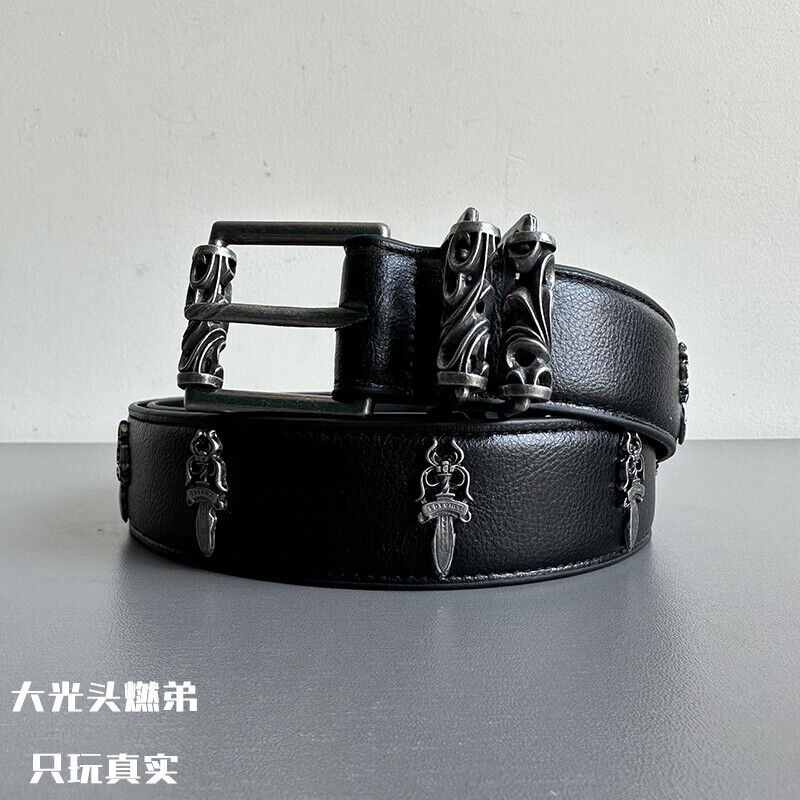 CH Ver Holy Sword Carved Roller Leather Belt Top Layer Cowhide 925 Silver-Plated