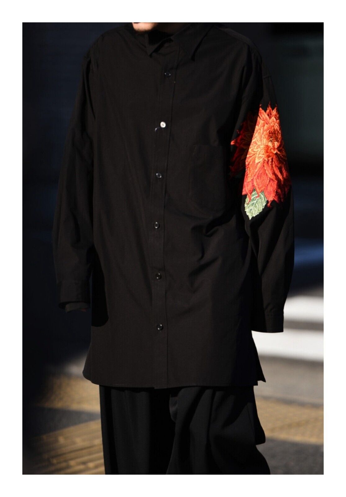 Yohji Yamamoto Red Dahlia Shirt Floral Embroidery, Loose Fit Long Sleeve Shirt