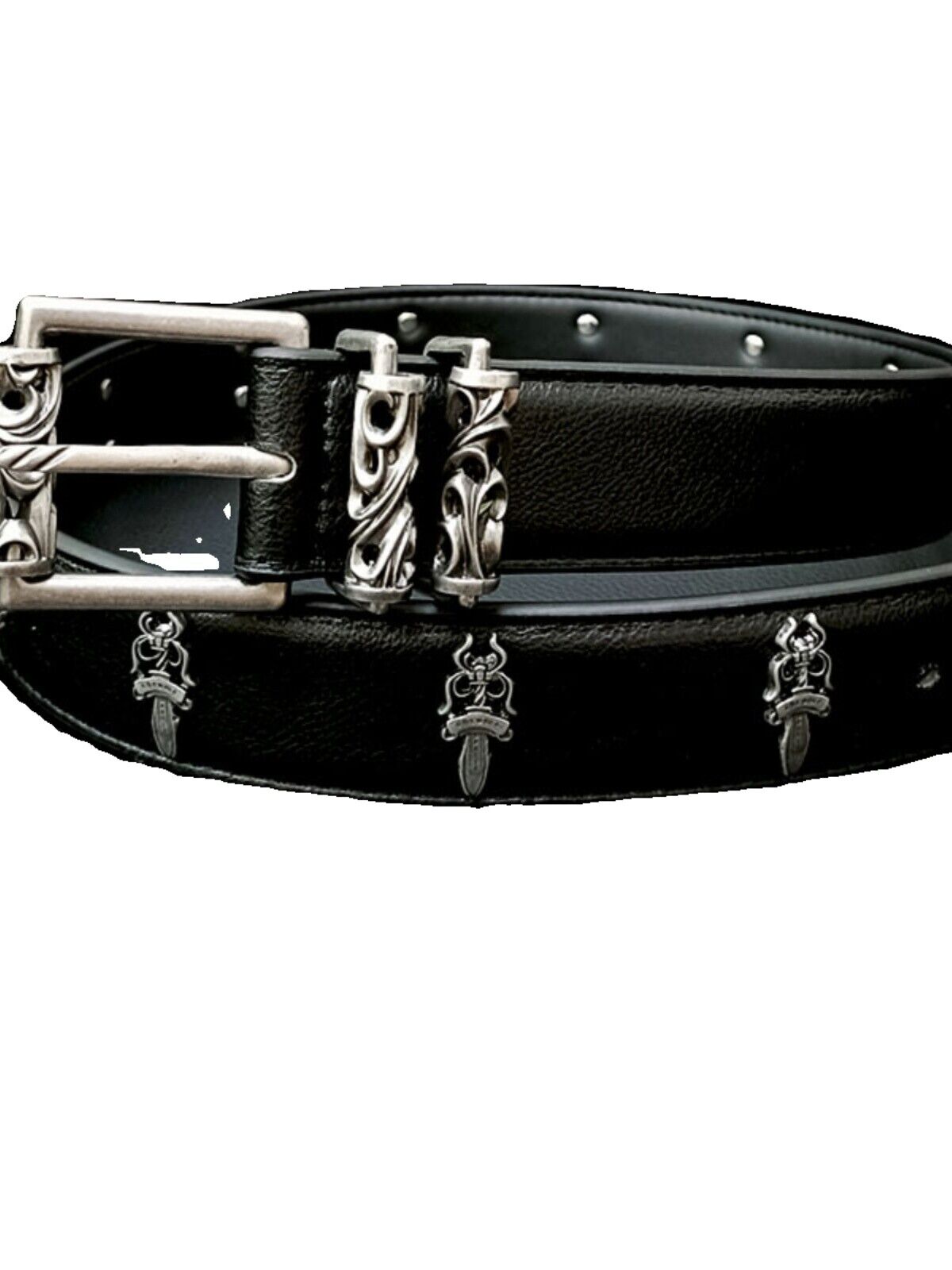 CH Ver Holy Sword Carved Roller Leather Belt Top Layer Cowhide 925 Silver-Plated