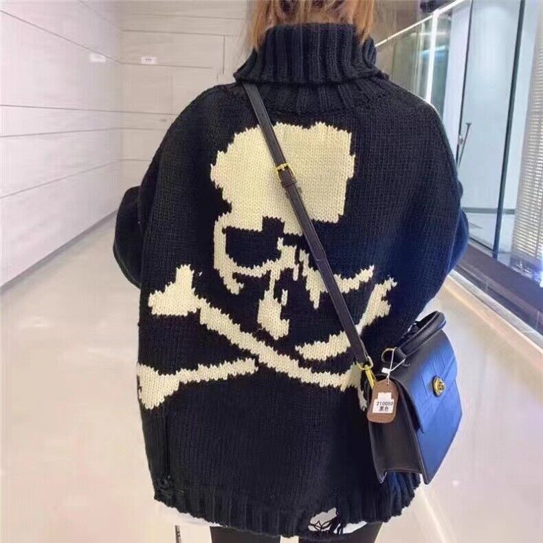 MMJ Heavyweight Skull Horsehair Cardigan Sweater High Street Loose Wool Knitted