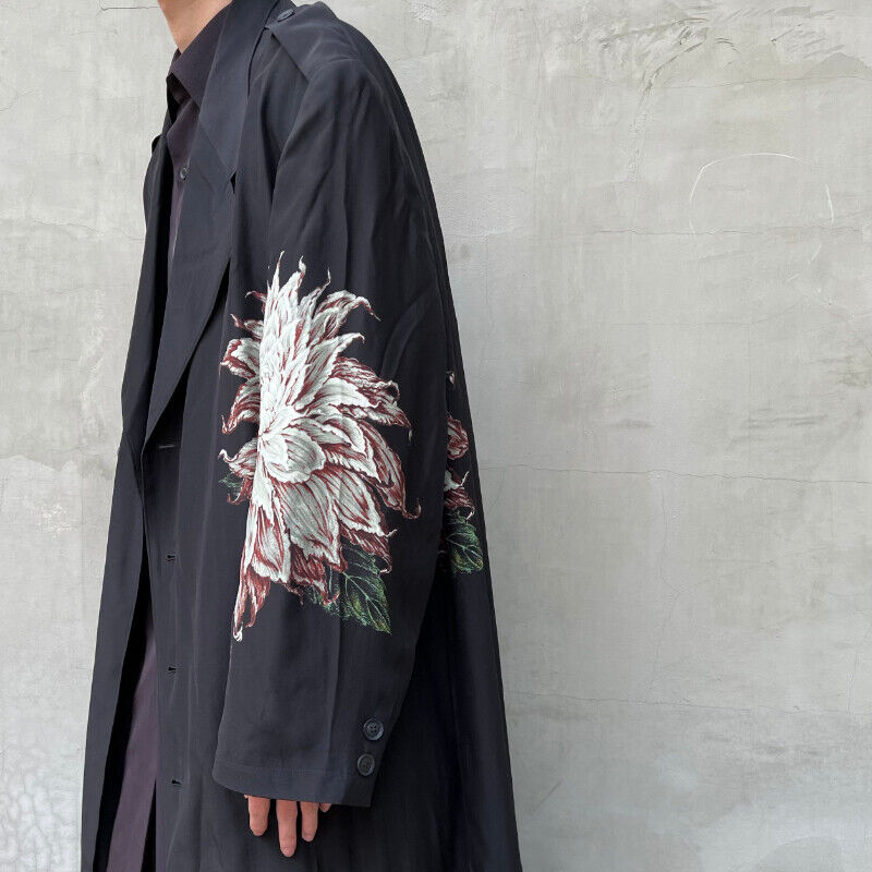 Yohji Yamamoto Dark Vibe White Flower Silk Printed Dahlia Thin Windbreaker Coats