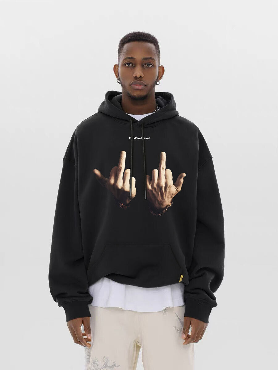 Rock Plan Cotton Hoodie Friendly Gesture Print, Featuring Middle Finger Graphic