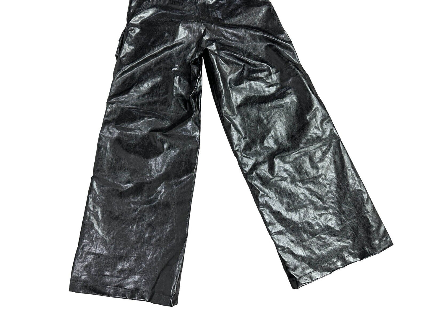 RO Metallic Coated Brushed Wax Glossy Pocket Straight Wide-Leg Flared Trousers