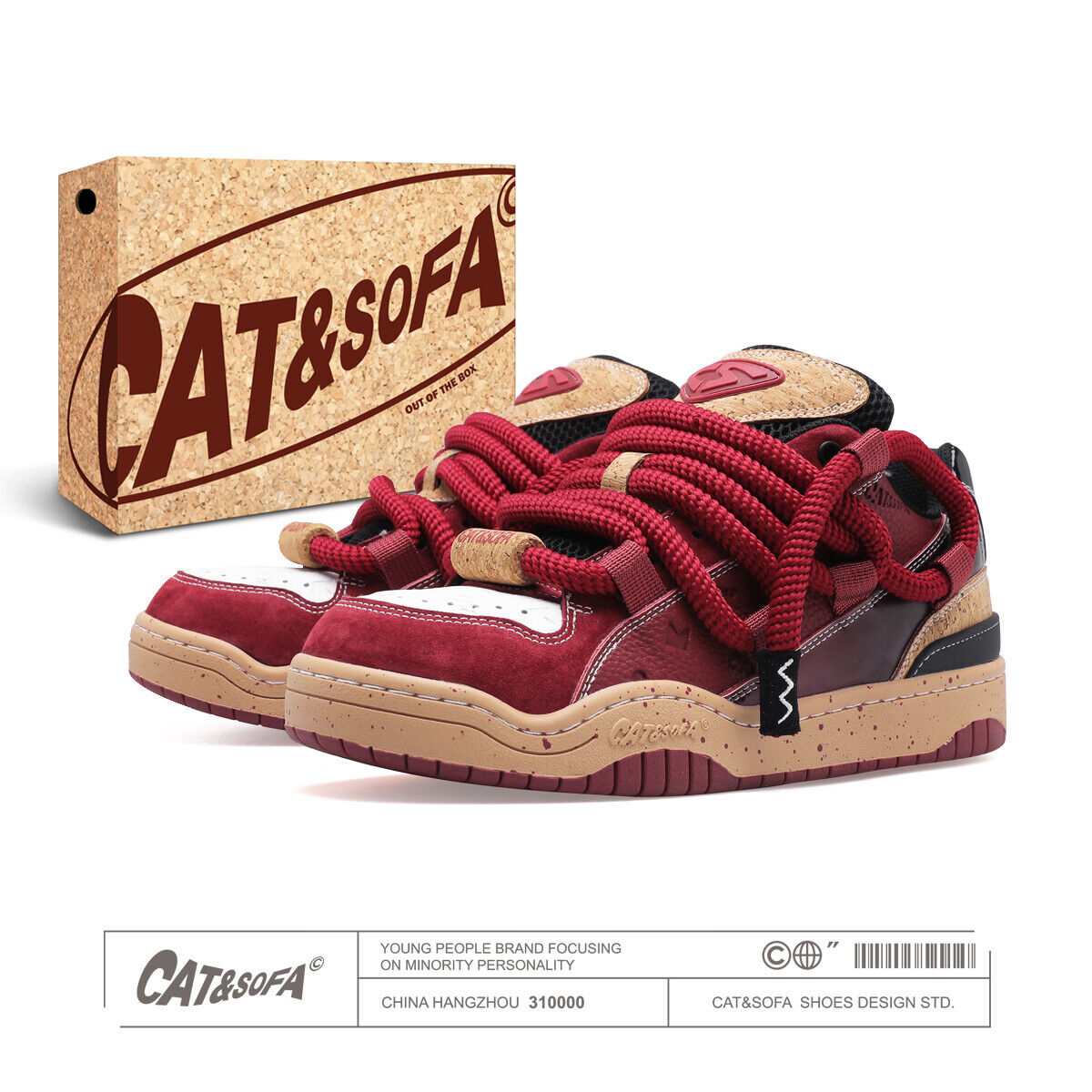 CAT&SOFA Soft Cork Burgundy Wine Vibe Couples Skate Shoes Sneaker