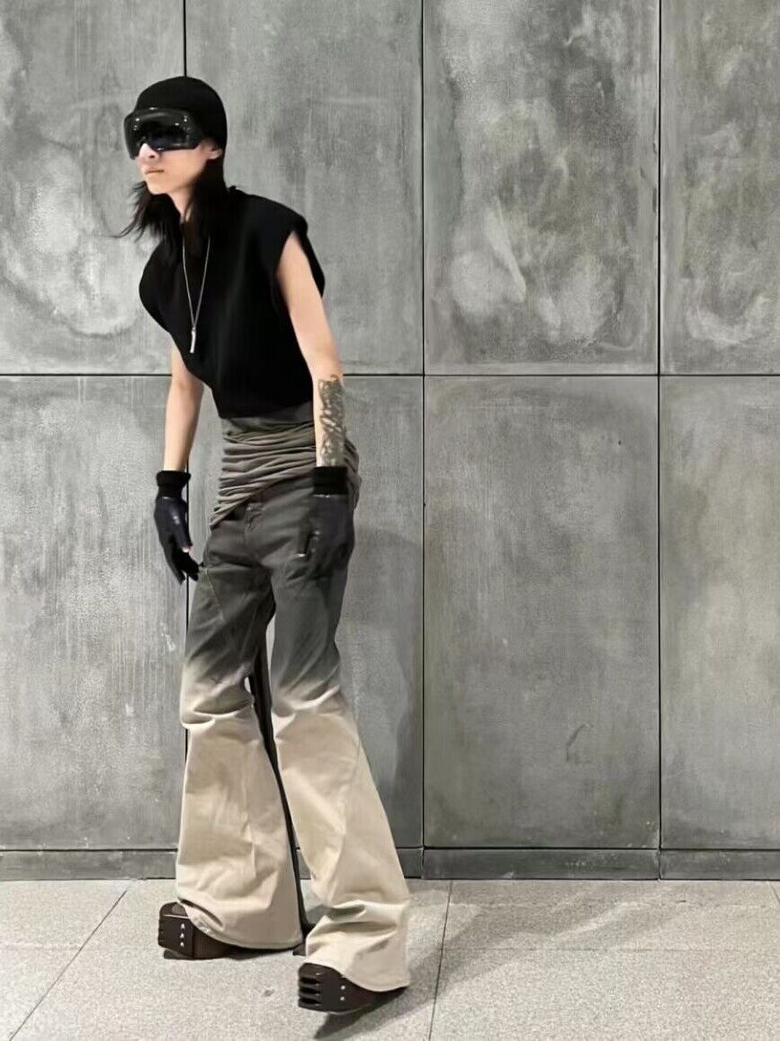 RO-style black yellow gradient mid-rise washed floor-length bell-bottom jeans