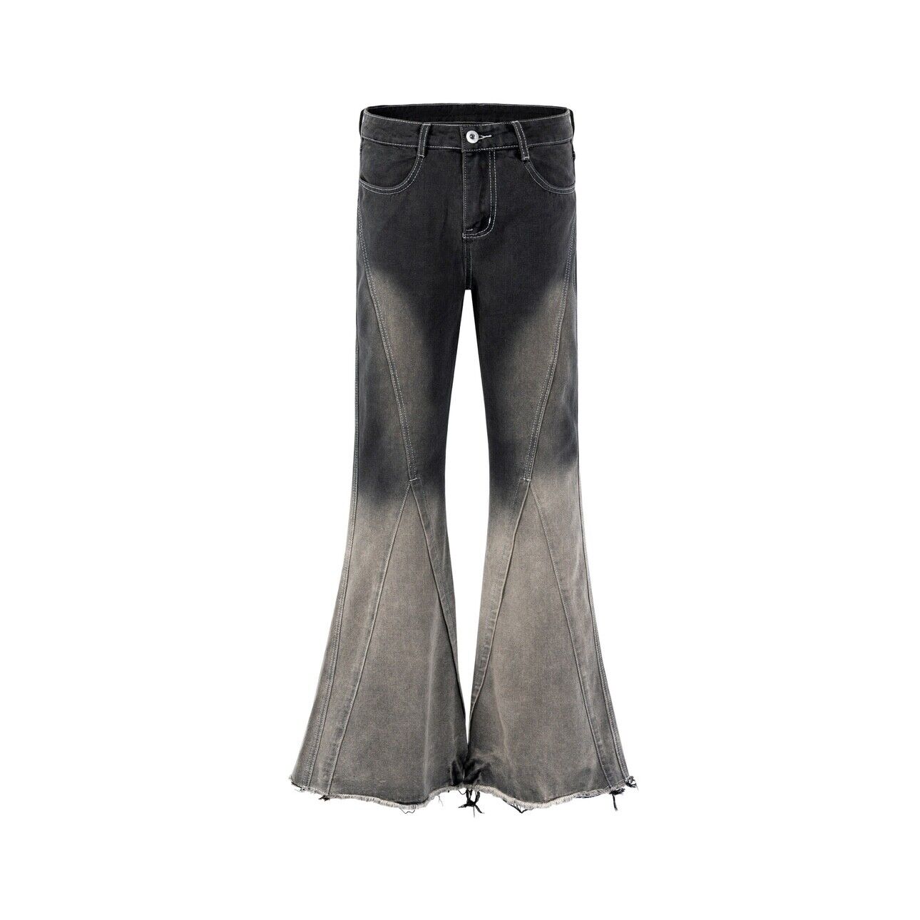 High Street RO Style Dirty Color Gradient Flare Jeans Distressed Retro Trousers