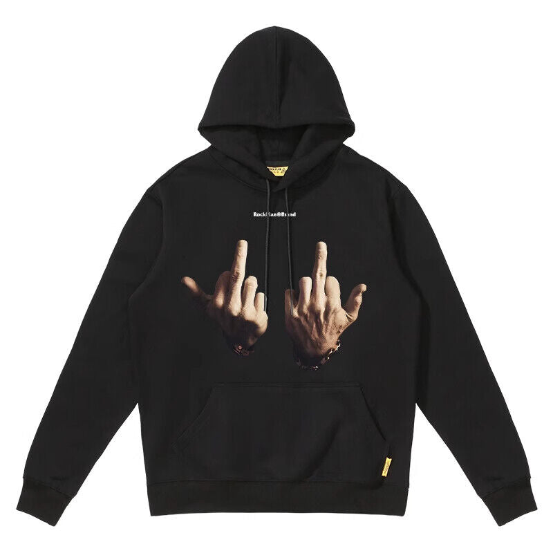 Rock Plan Cotton Hoodie Friendly Gesture Print, Featuring Middle Finger Graphic