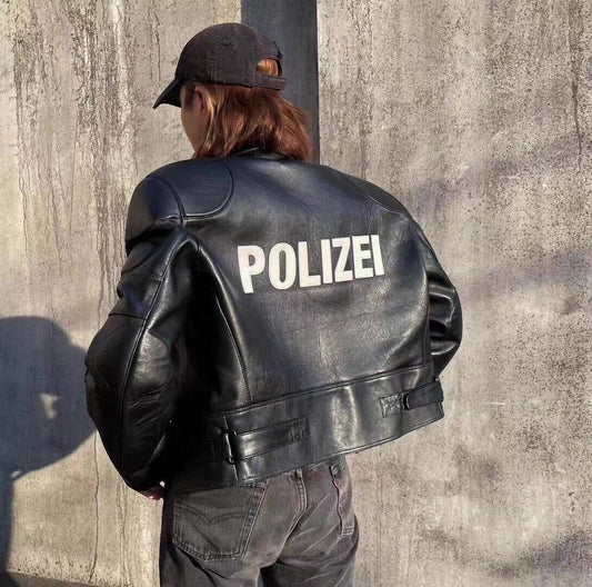 Original Vetements Motorcycle Leather Jacket Polizei Wild Man Biker Letter Print