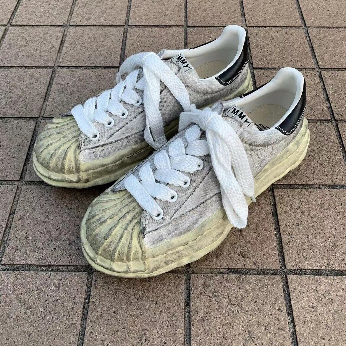 MMY Seashell-Toe Shoes Thick-Soled Unisex Dissolvable Sneakers/Distressed Canvas