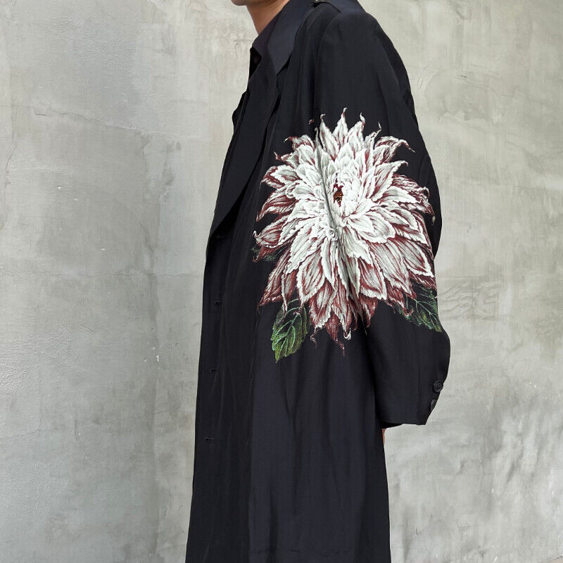 Yohji Yamamoto Dark Vibe White Flower Silk Printed Dahlia Thin Windbreaker Coats