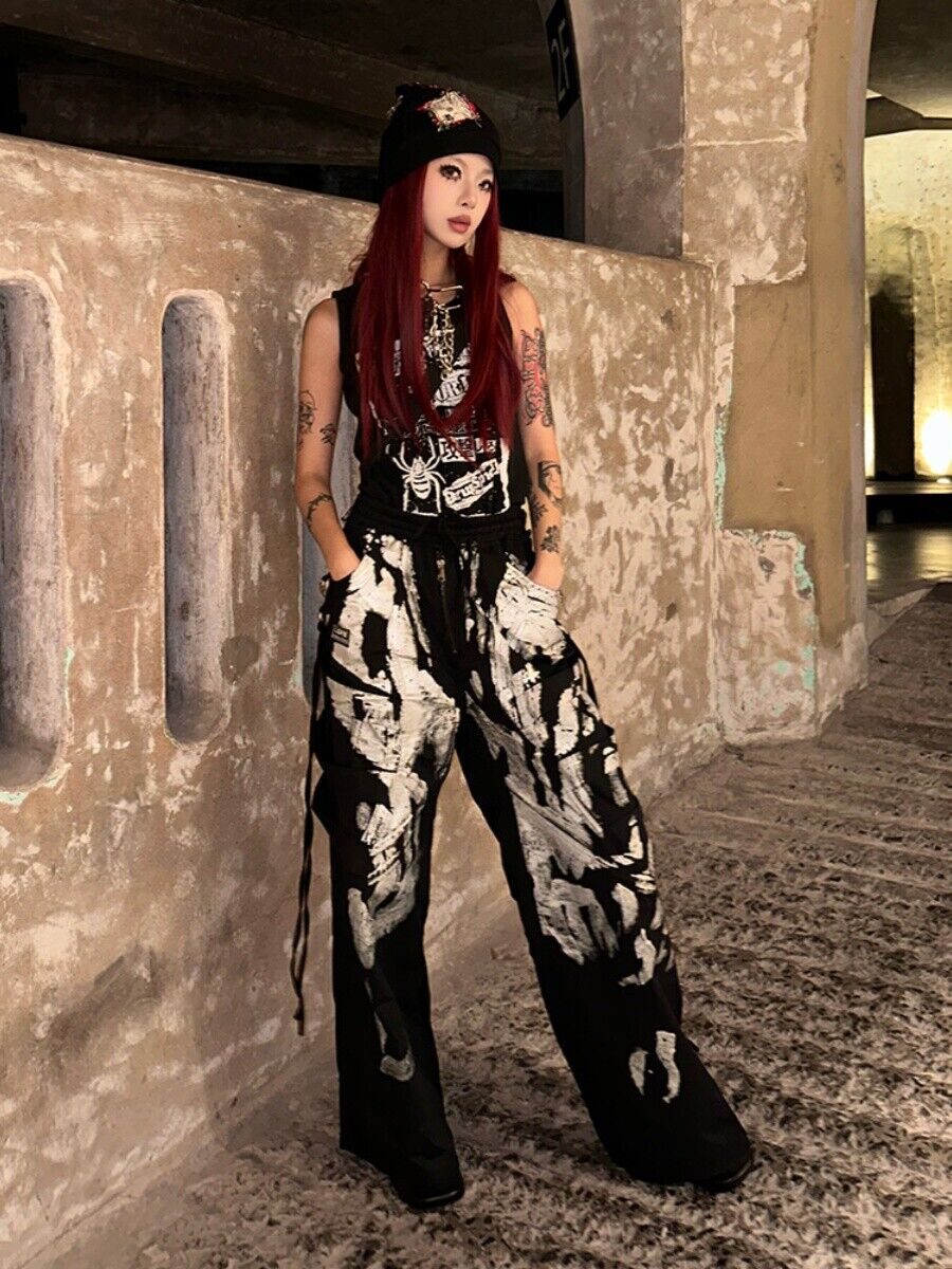 RO Black Work Pants High Street Punk Dark Style Couple Wide-Leg Trousers