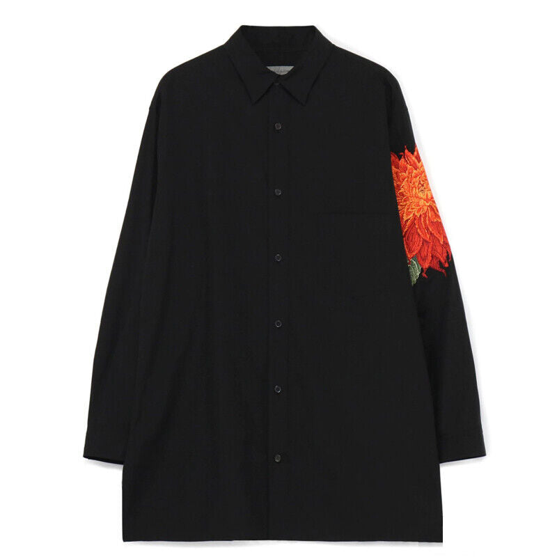 Yohji Yamamoto Red Dahlia Shirt Floral Embroidery, Loose Fit Long Sleeve Shirt