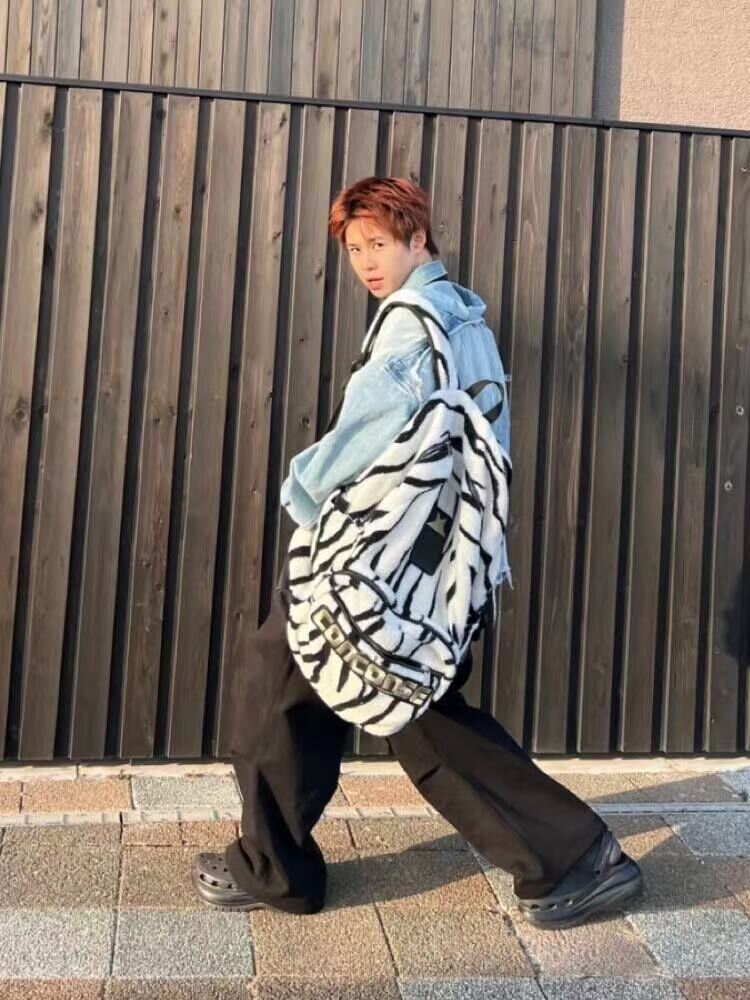 Self-Made Rick Owens Collaboration Zebra Stripe Large Street Plush Backpack