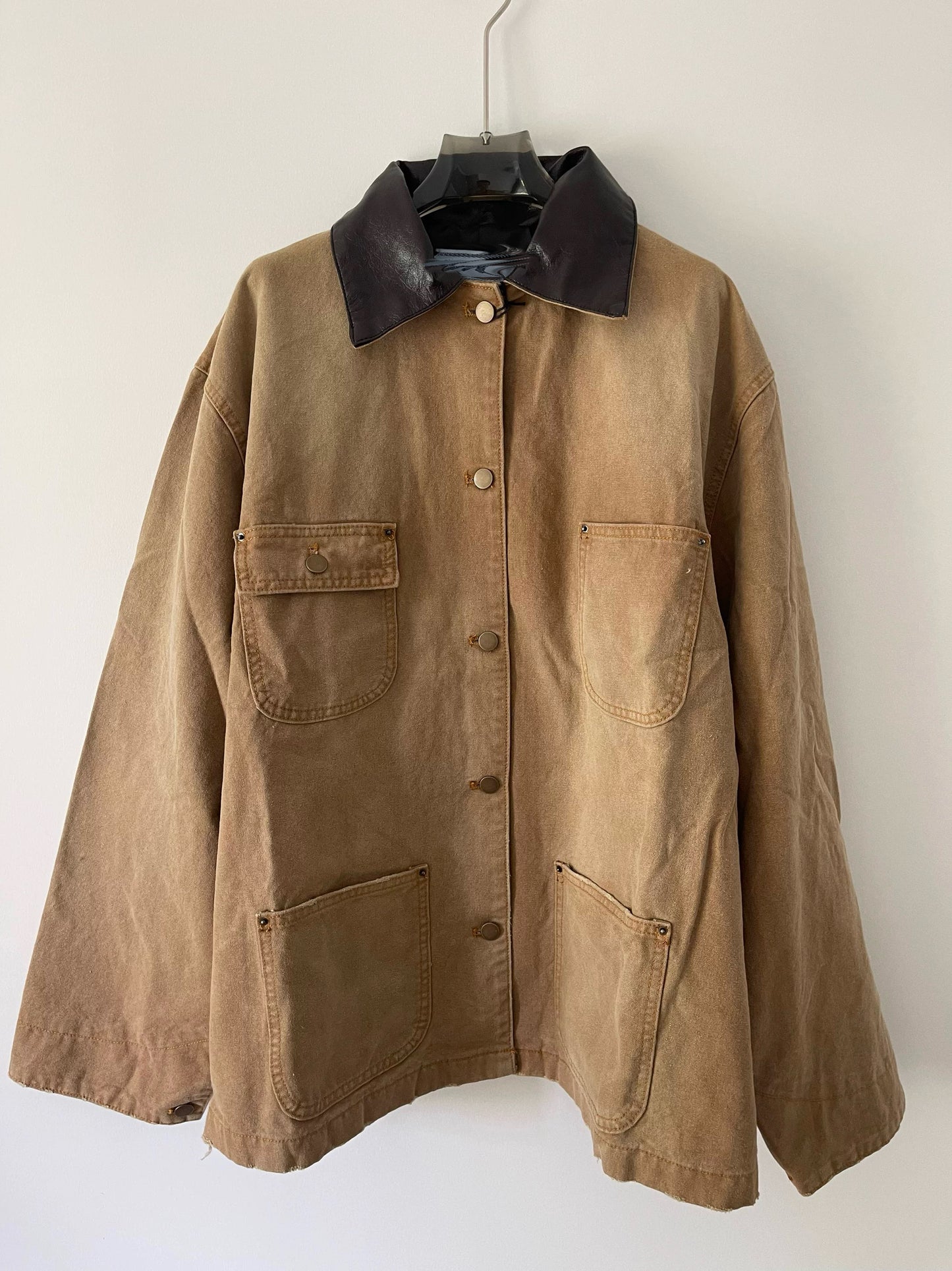 24SS Goatskin Patchwork Workwear Jacket with Leather Collar-Oversized Silhouette