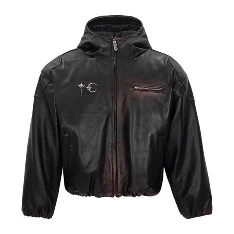 THUG CLUB Heavyweight Black Washed Goatskin Hooded Leather Short Padded Jacket