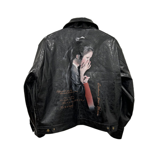 25SS Yohji Dark Vibe Dragonfly & Woman Ink Print Wrinkled Waxed Leather Jacket