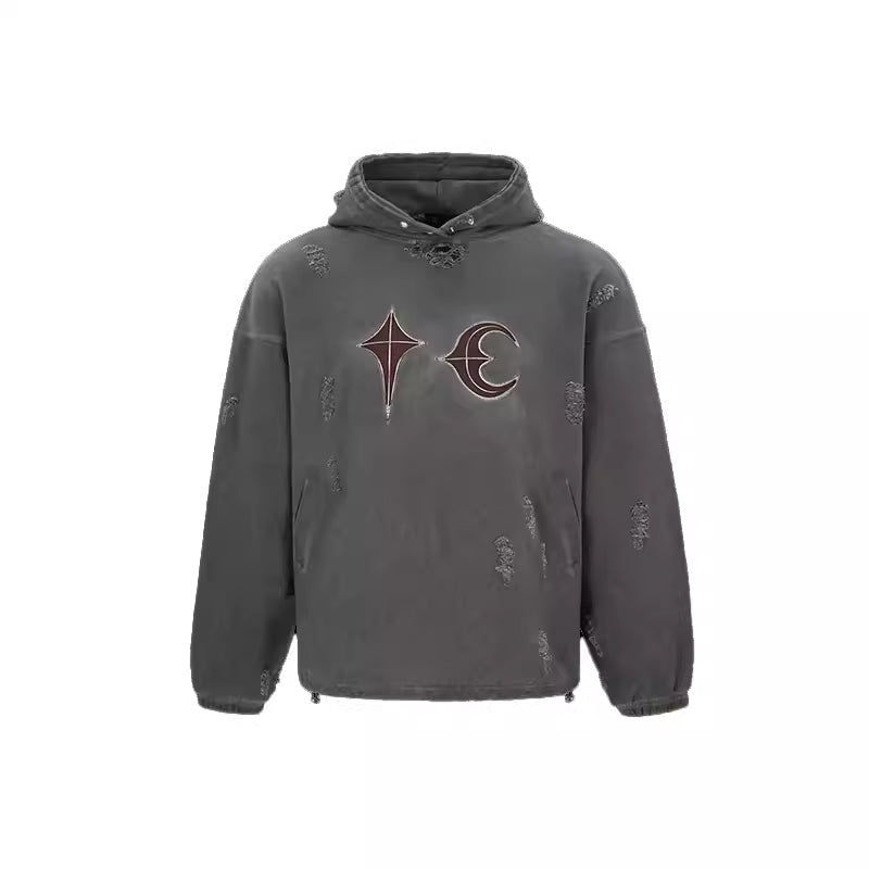 Thug Club Heavy Washed Distressed Patchwork Leather Embroidered Ripped Hoodie