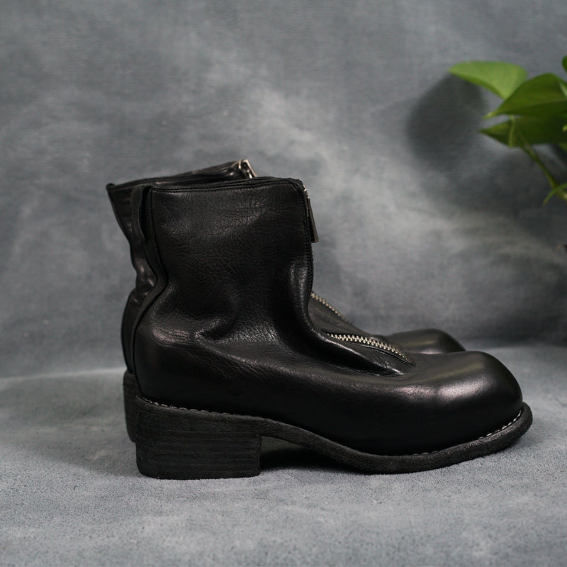 Self-made Guidi Horse Leather Distressed Chunky Heel Mid-Calf Ankle Boots PL1/2 Front-Zip