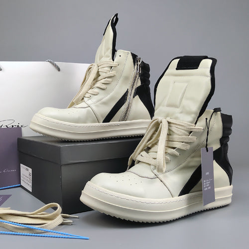 Self-made Rick Owen Reverse Triangle High-Top Leather Shoes Thick SoleSneakers Short Boots