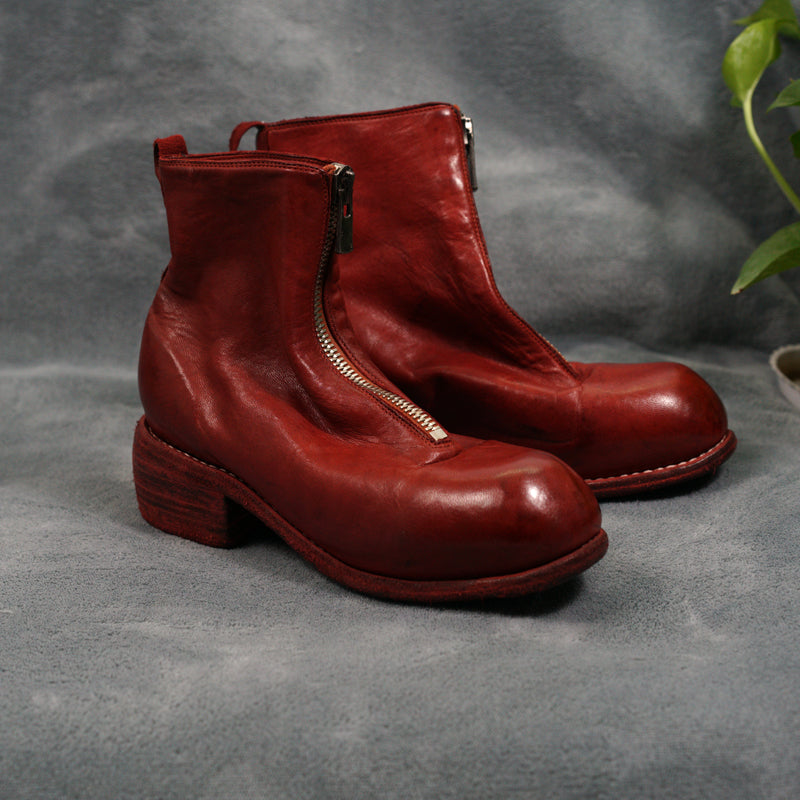 Self-made Guidi Horse Leather Distressed Chunky Heel Mid-Calf Ankle Boots PL1/2 Front-Zip