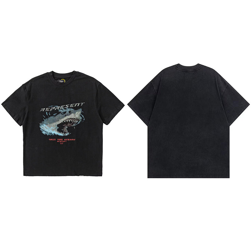 Self-made REPRESENT Washed Distressed Doberman Shark Short-Sleeve T-Shirt FOG