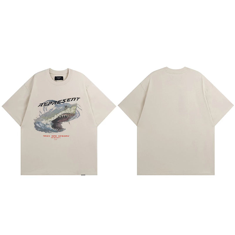 Self-made REPRESENT Washed Distressed Doberman Shark Short-Sleeve T-Shirt FOG