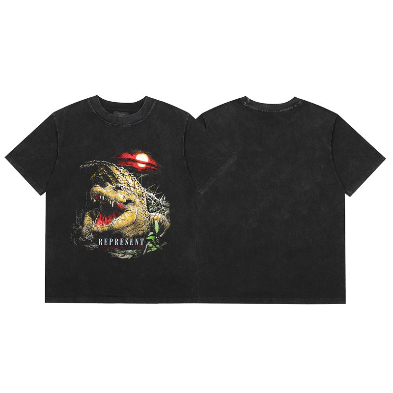 Self-made REPRESENT Washed Distressed Doberman Shark Short-Sleeve T-Shirt FOG